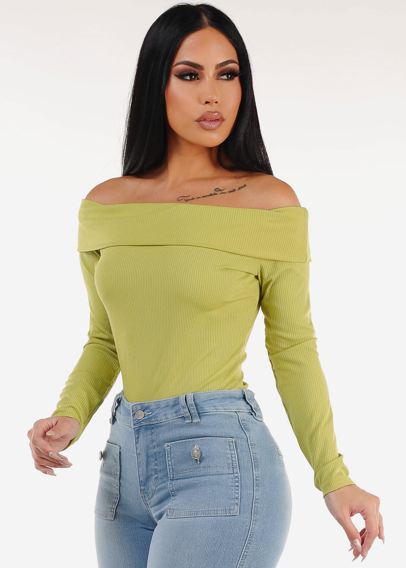 Off Shoulder Long Sleeve Top Light Green