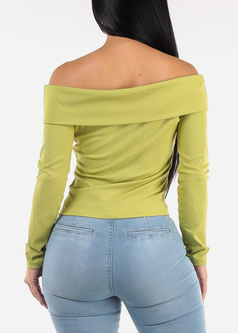 Off Shoulder Long Sleeve Top Light Green