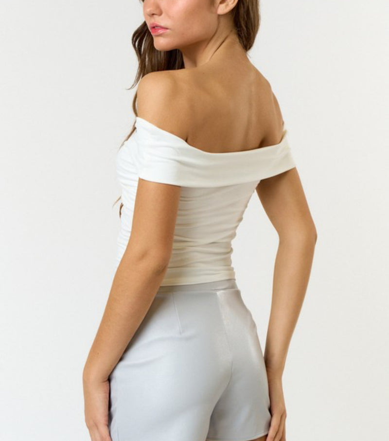 Twist front off shoulder top- white- cobalt blue