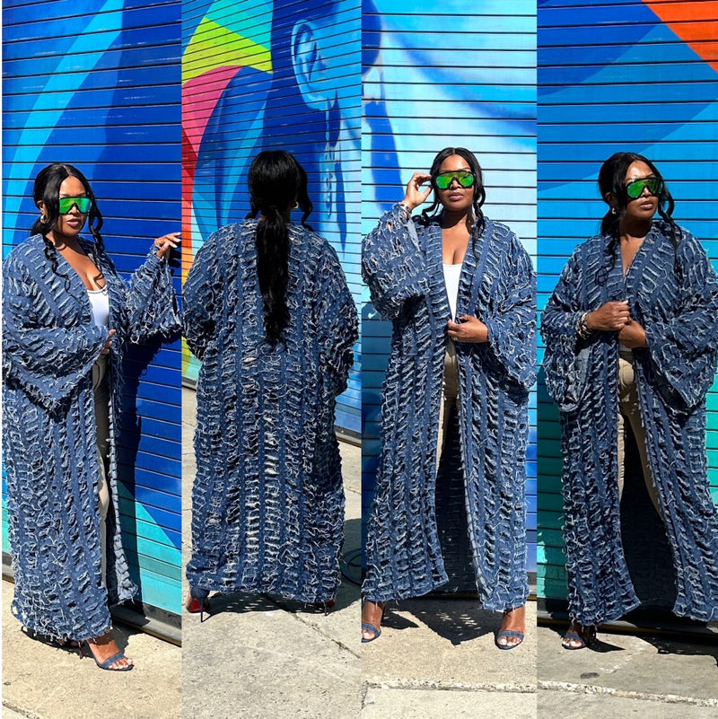 RESTOCKED Denim Distressed Cut Out  Open Front Long Cardigan - Dark Denim Blue Ships 6/20