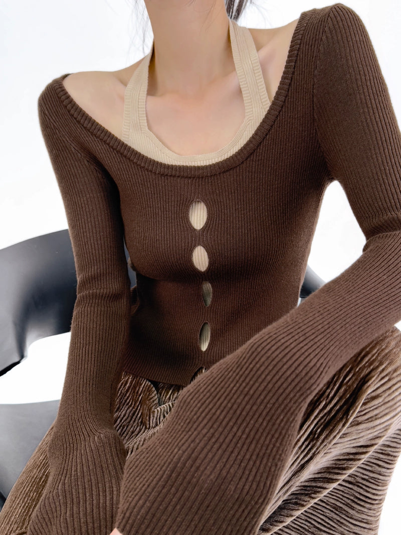 Double Z Color Contrast Patchwork Fake Two-Piece Long Sleeves Halterneck Knitwear Female Sexy Cut Out Slim Fit Slimming Top