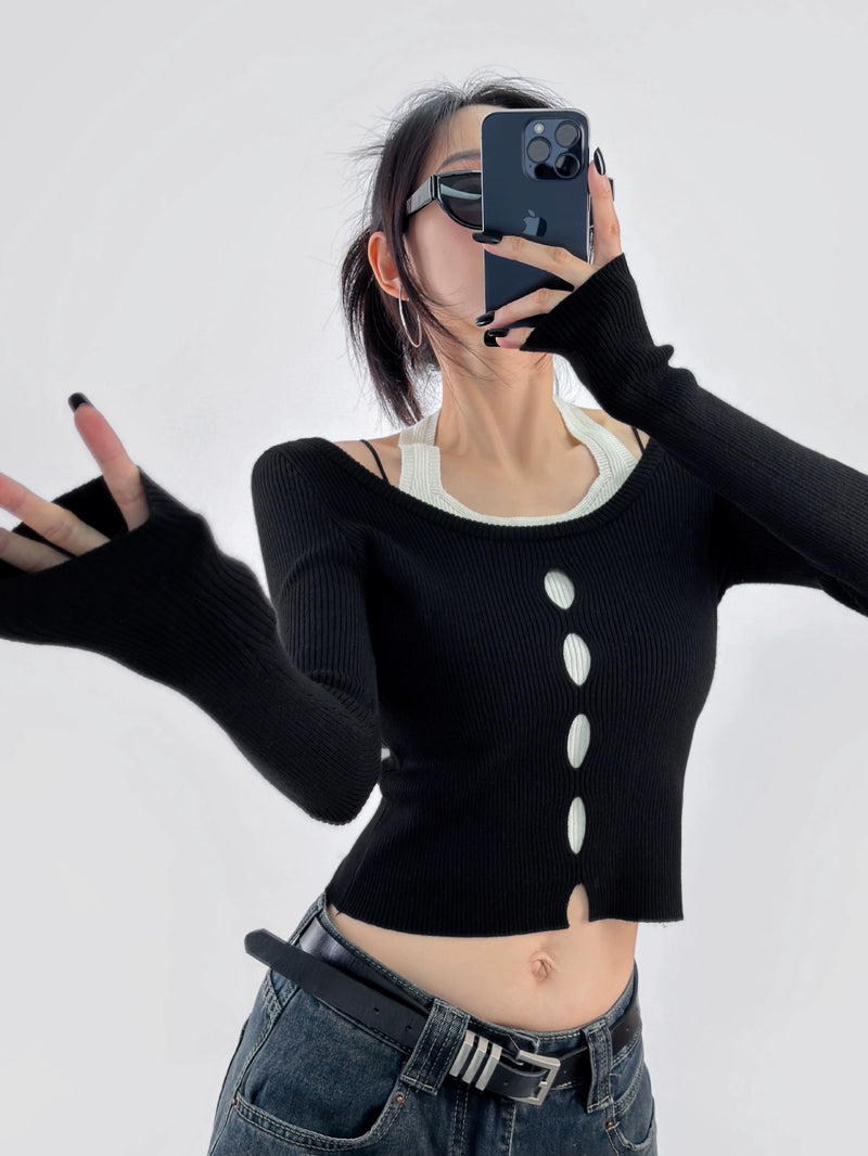 Double Z Color Contrast Patchwork Fake Two-Piece Long Sleeves Halterneck Knitwear Female Sexy Cut Out Slim Fit Slimming Top