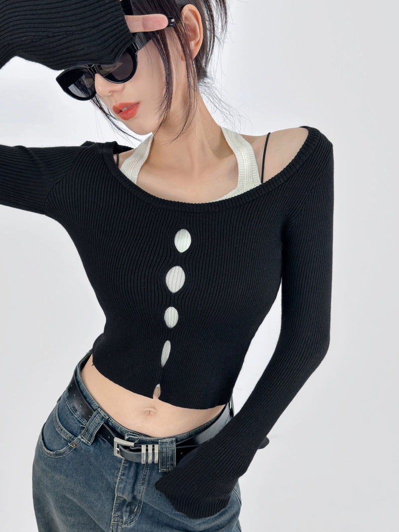 Double Z Color Contrast Patchwork Fake Two-Piece Long Sleeves Halterneck Knitwear Female Sexy Cut Out Slim Fit Slimming Top