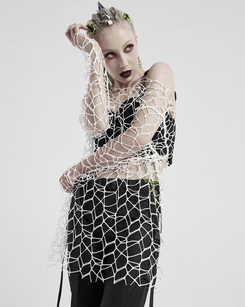 Punk Rave Womens CyberPunk Goth Grunge Sweater Top White Broken Mesh Net Cut Out