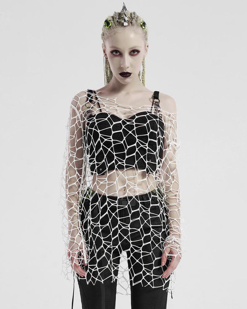 Punk Rave Womens CyberPunk Goth Grunge Sweater Top White Broken Mesh Net Cut Out