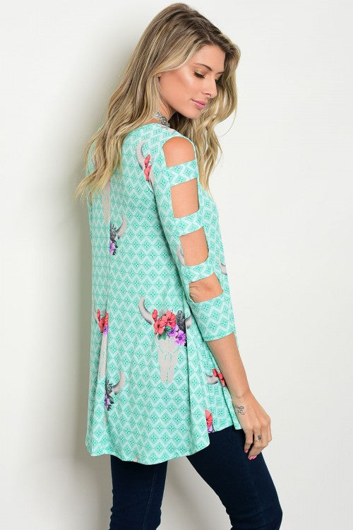 Mint Printed Cut Out 3/4 Sleeve Jersey Tunic Top