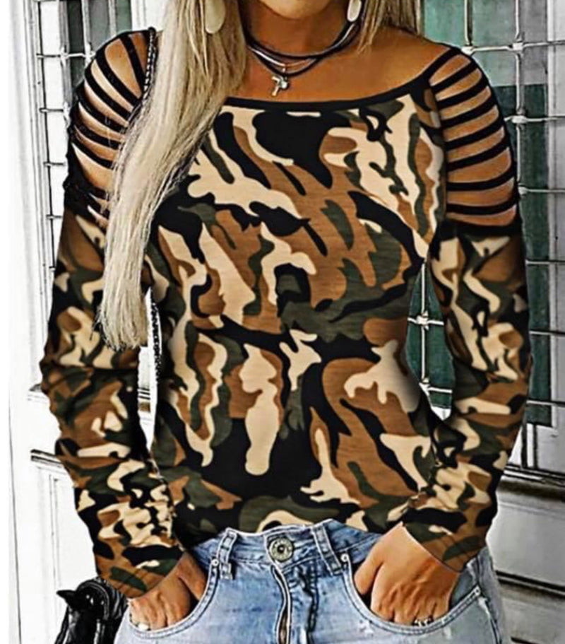 Long sleeve camouflage top with cut out sleeve