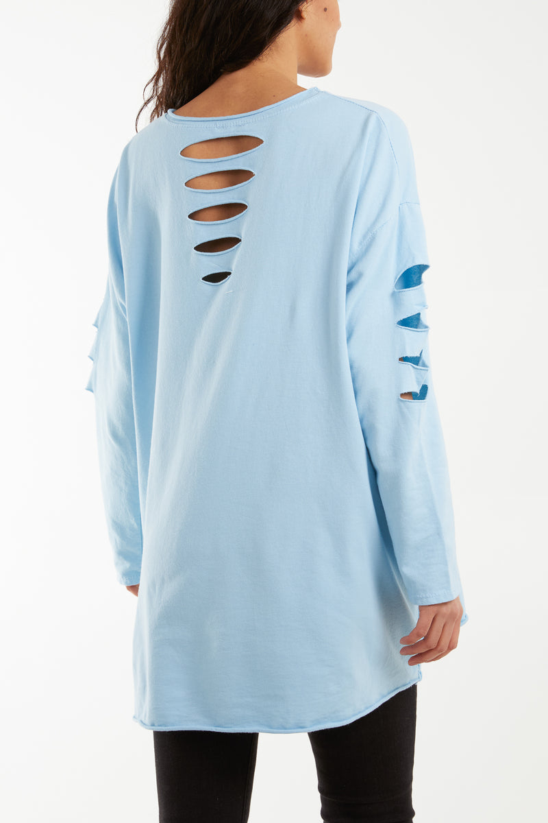 Sleeve & Back Distressed Cut Out long Top