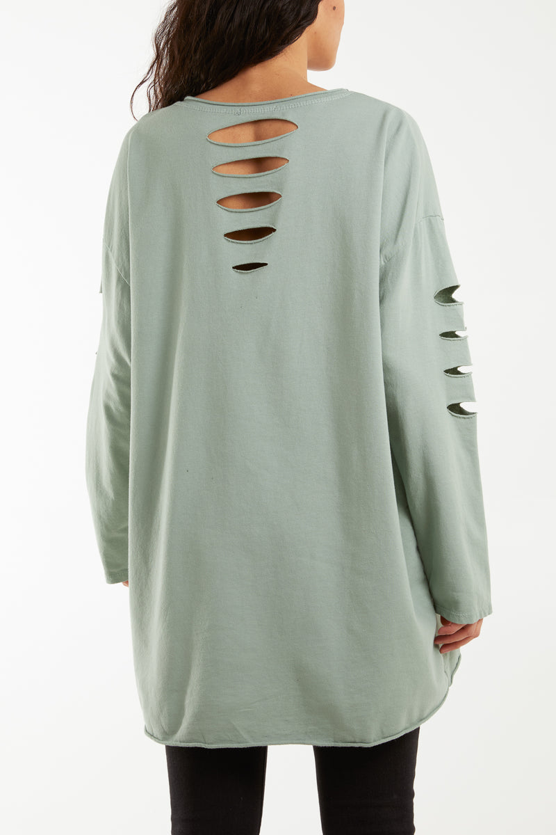 Sleeve & Back Distressed Cut Out long Top