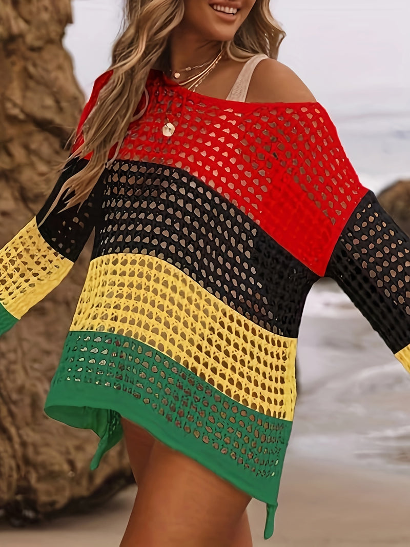 Plus Size Colorblock Striped Knitted Top, Casual Cut Out Long Sleeve Crochet Top, Women's Plus SizeClothing