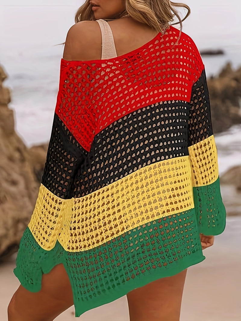 Plus Size Colorblock Striped Knitted Top, Casual Cut Out Long Sleeve Crochet Top, Women's Plus SizeClothing