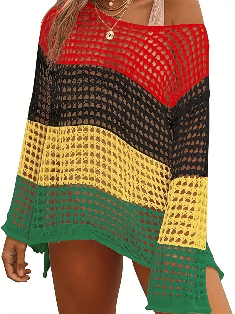 Plus Size Colorblock Striped Knitted Top, Casual Cut Out Long Sleeve Crochet Top, Women's Plus SizeClothing