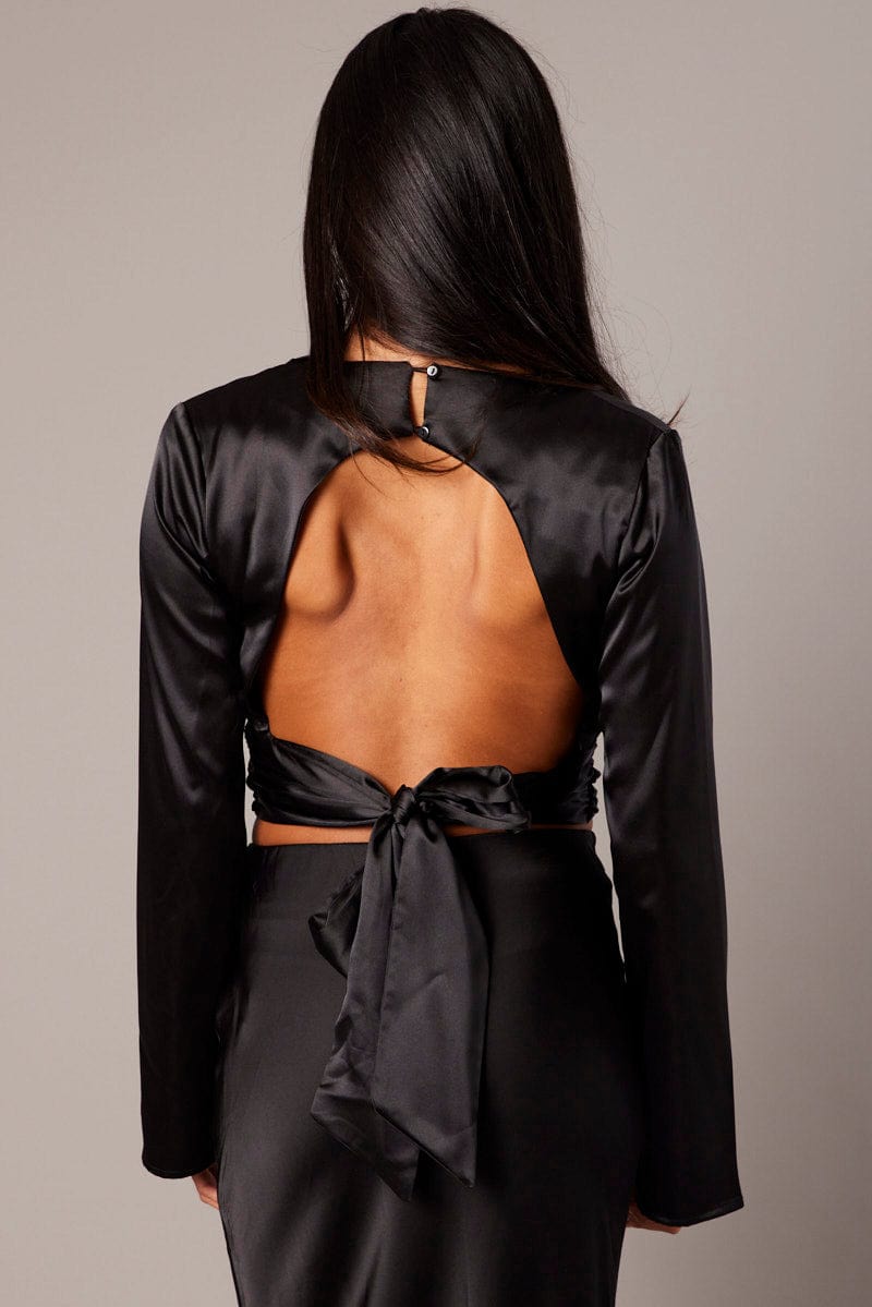Black Backless Top Flared Sleeve High Neck Blouse