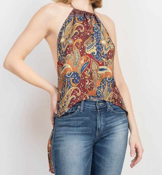 Women's Poly Silk Paisley Floral Backless Tie-Back Halter Top