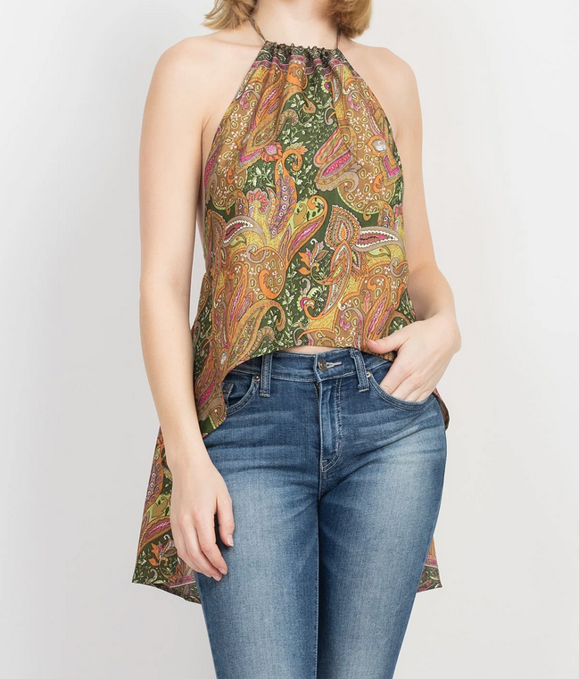 Women's Poly Silk Paisley Floral Backless Tie-Back Halter Top