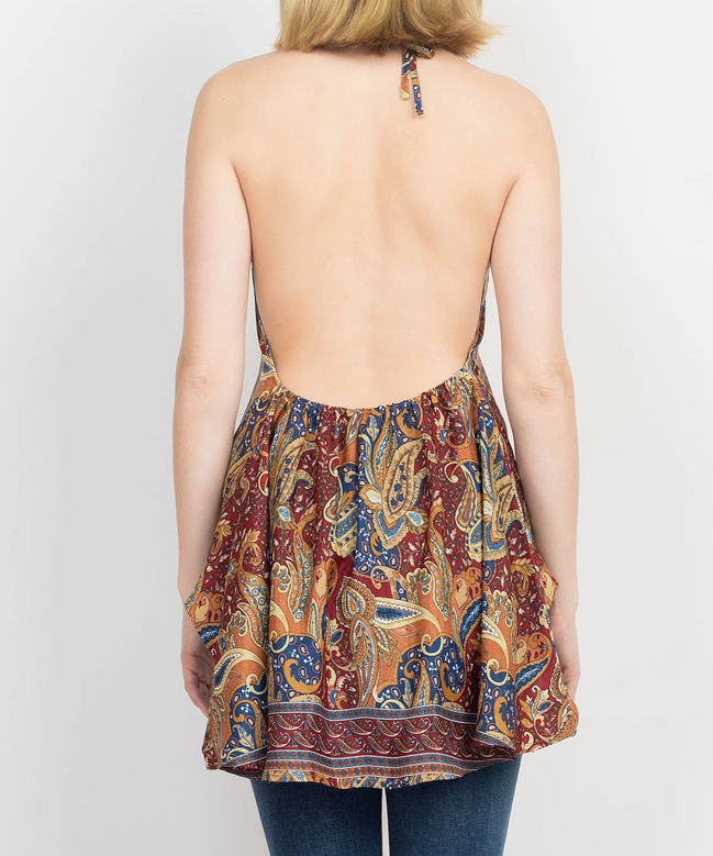 Women's Poly Silk Paisley Floral Backless Tie-Back Halter Top