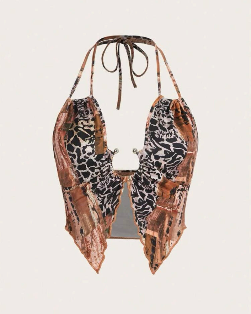 Western Cowgirl Leopard Print Tie Backless Crop Halter Top