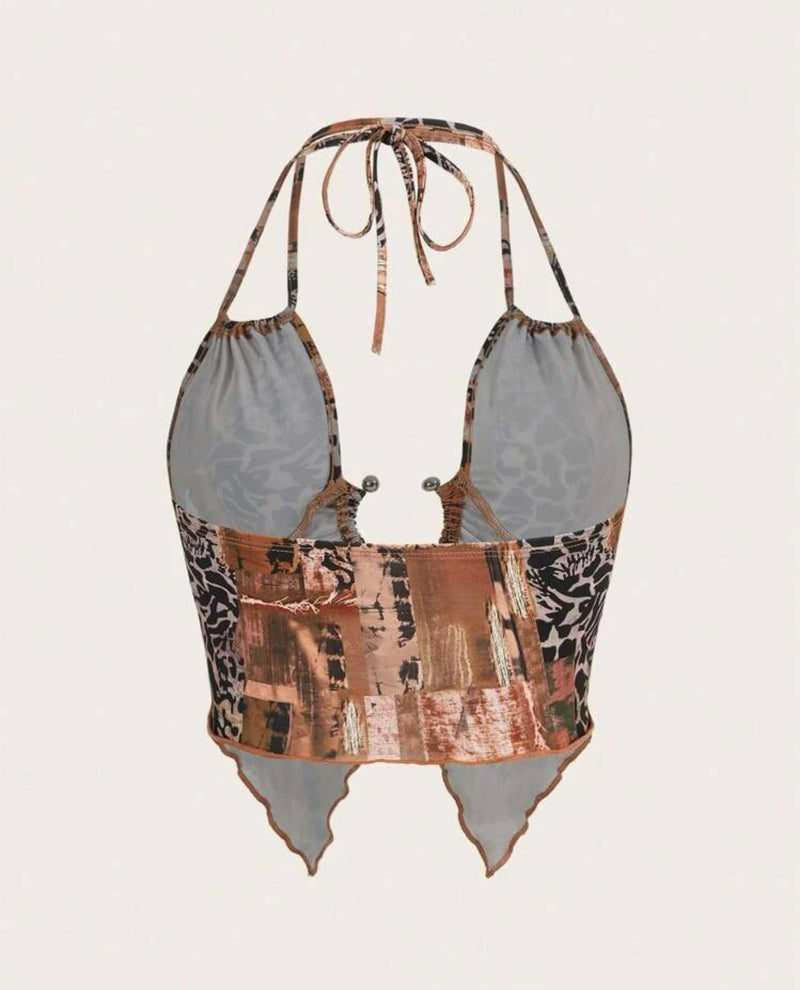 Western Cowgirl Leopard Print Tie Backless Crop Halter Top