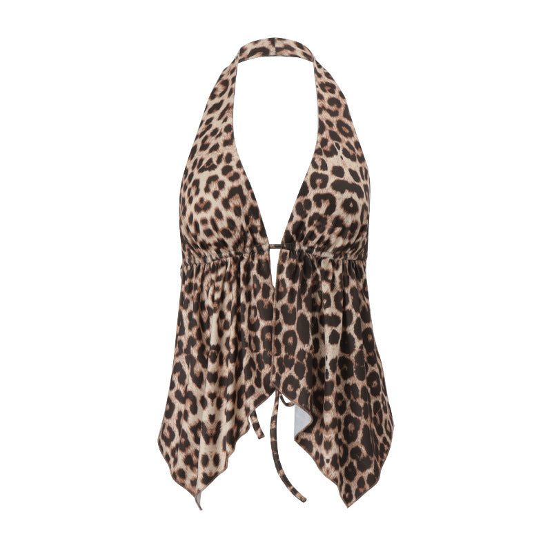 Backless Leopard Print Short Halter Cardigan Vest Top