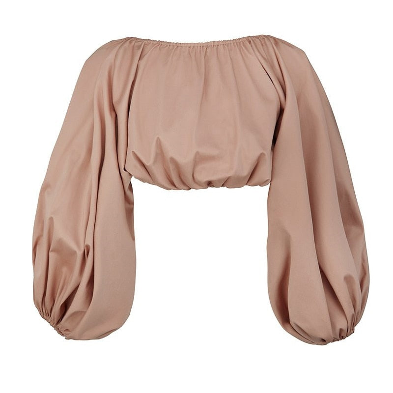 Backless Short Shirt Female Slash Neck Lantern Sleeve Large Size Crop Top Blouse Summer Fashion Sexy Clothing