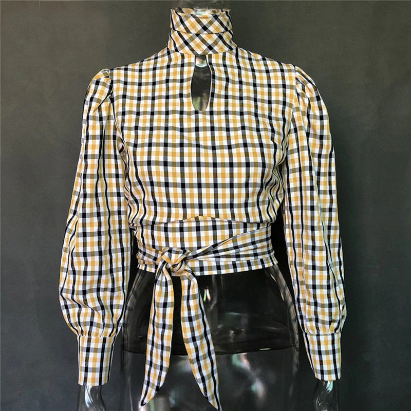 Backless Plaid Pattern Print Turtleneck Fashion Blouse