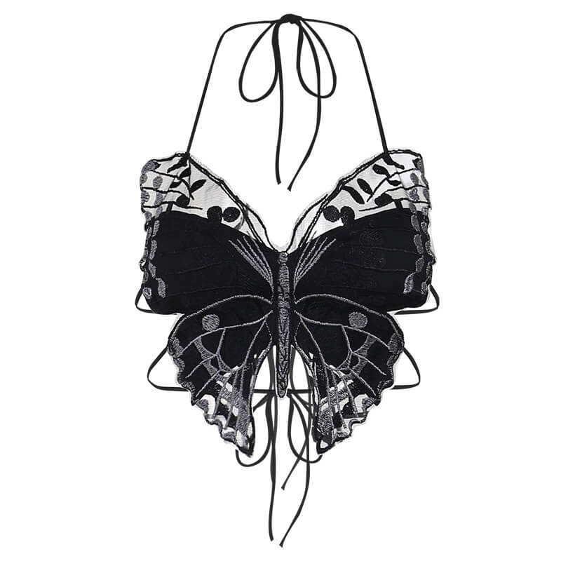Butterfly-Shaped Backless Polyester Halter Crop Top