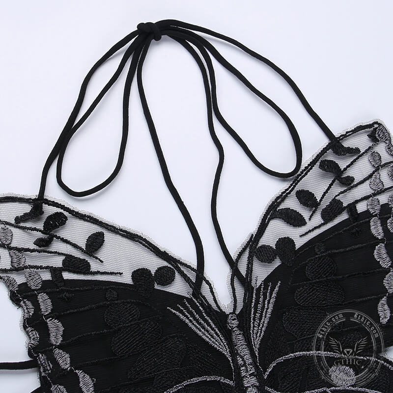 Butterfly-Shaped Backless Polyester Halter Crop Top