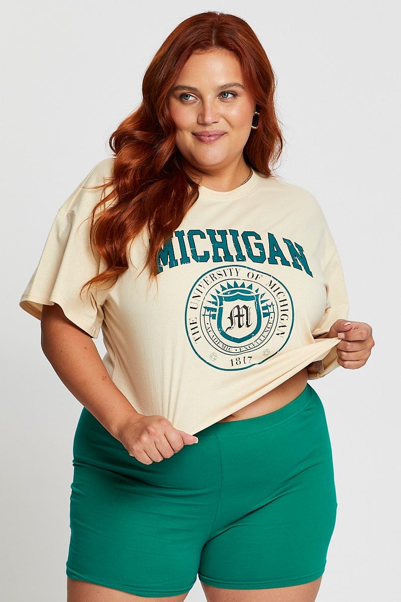 White Crop T-shirt Michigan Short Sleeve Cotton Semi