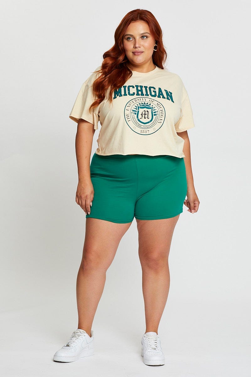 White Crop T-shirt Michigan Short Sleeve Cotton Semi