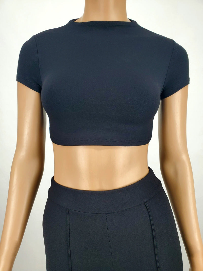 Backless Tie Back Short Sleeve Crop Top Black