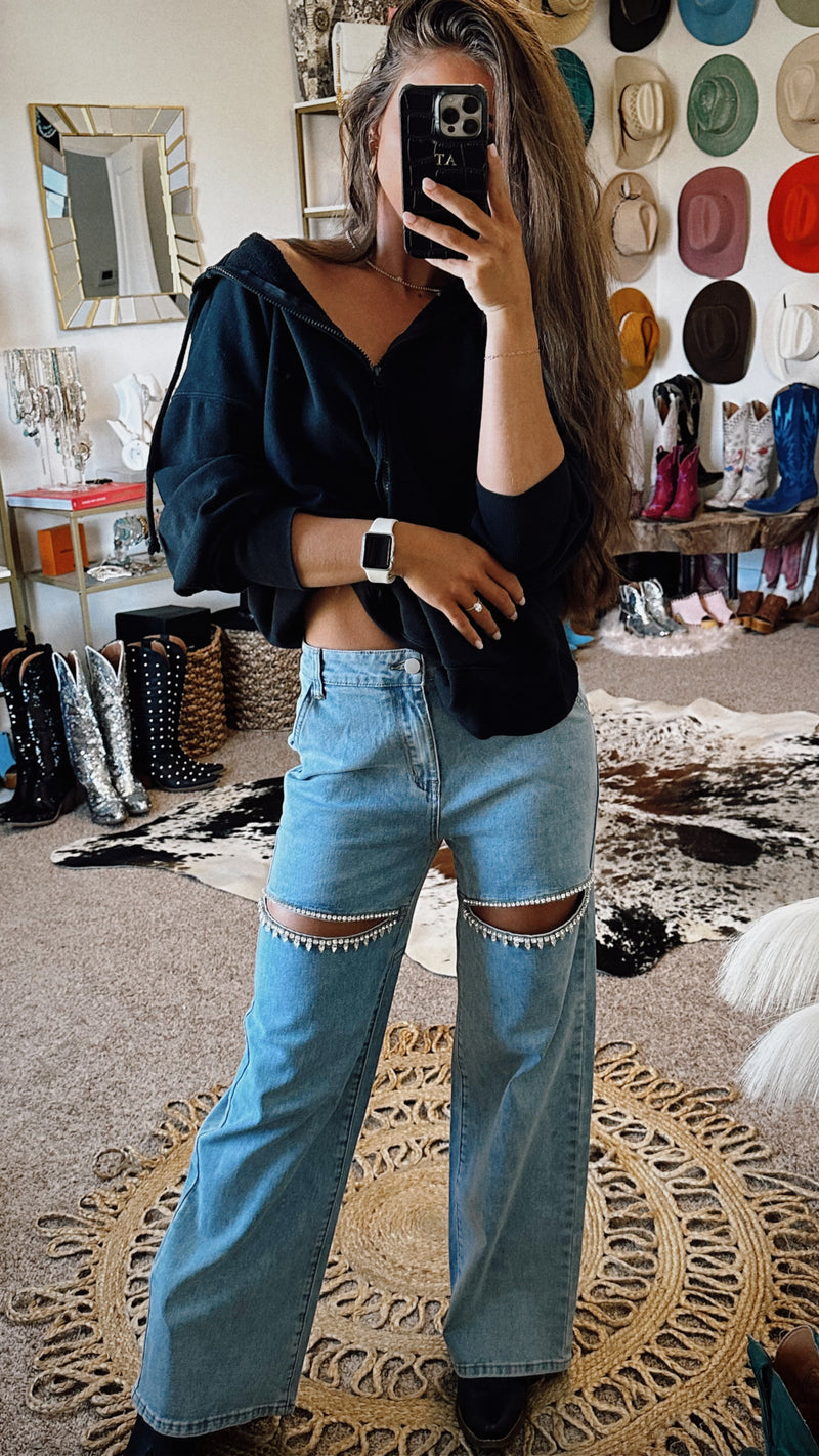 BEST SELLER!! The Nikki Denim Rhinestone Slit Jean