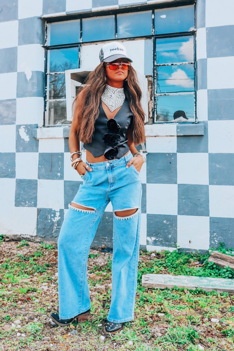 BEST SELLER!! The Nikki Denim Rhinestone Slit Jean