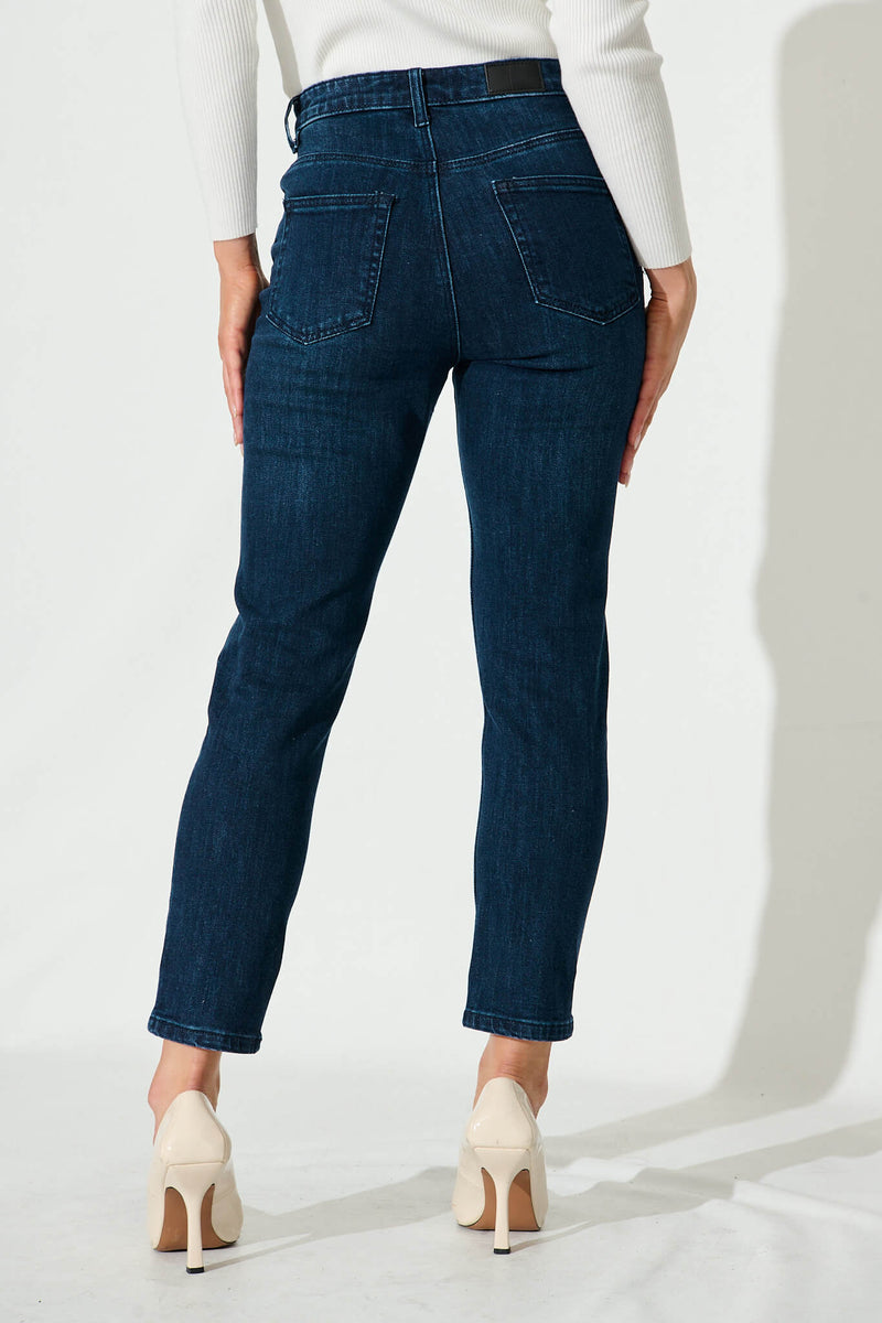 Ace Mid Rise Straight Leg Jean In Dark Blue Denim