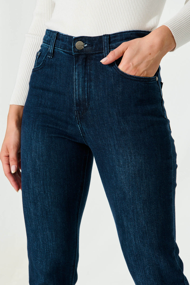 Ace Mid Rise Straight Leg Jean In Dark Blue Denim