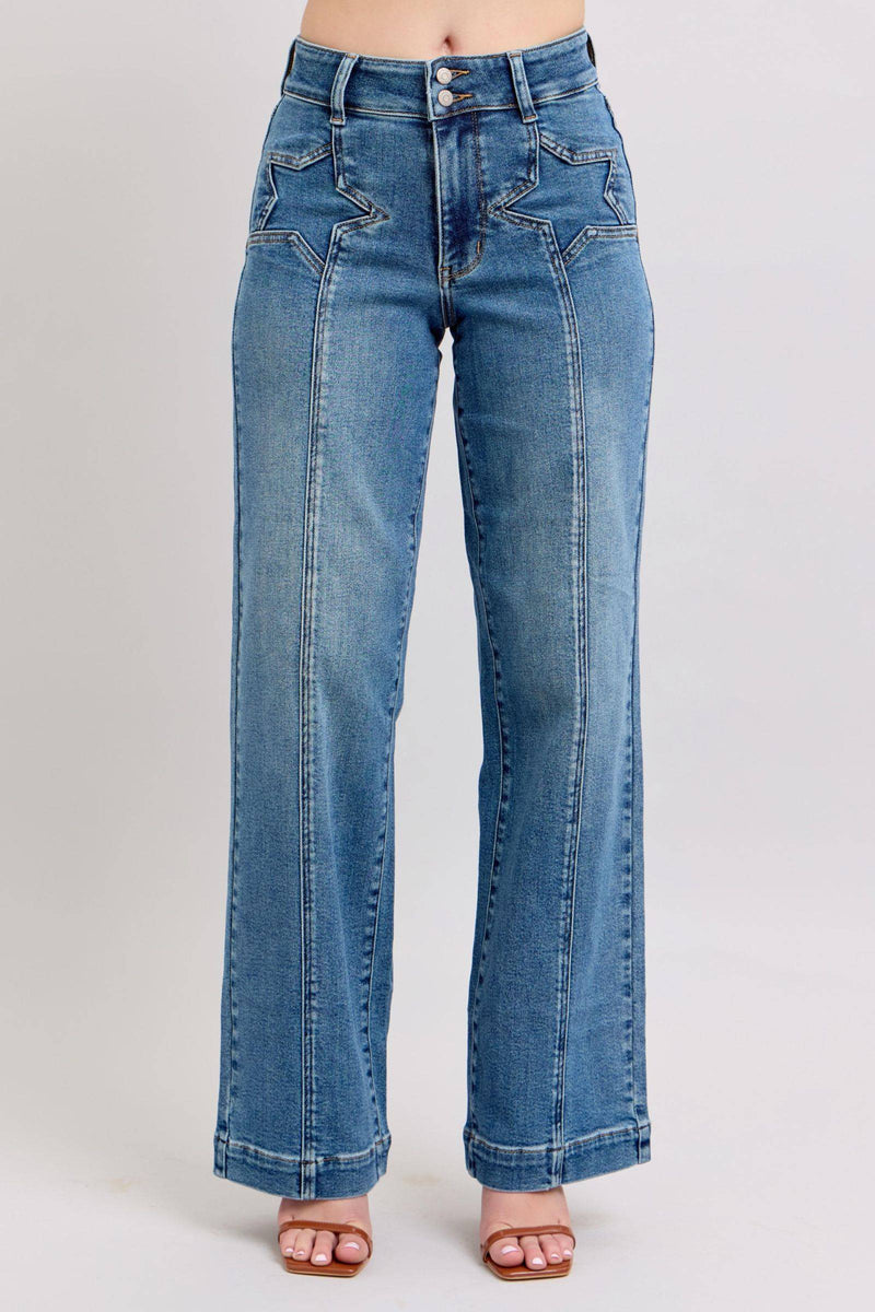Judy Blue High Waist Star & Front Seam Detail Wide Leg Denim Jeans 88957