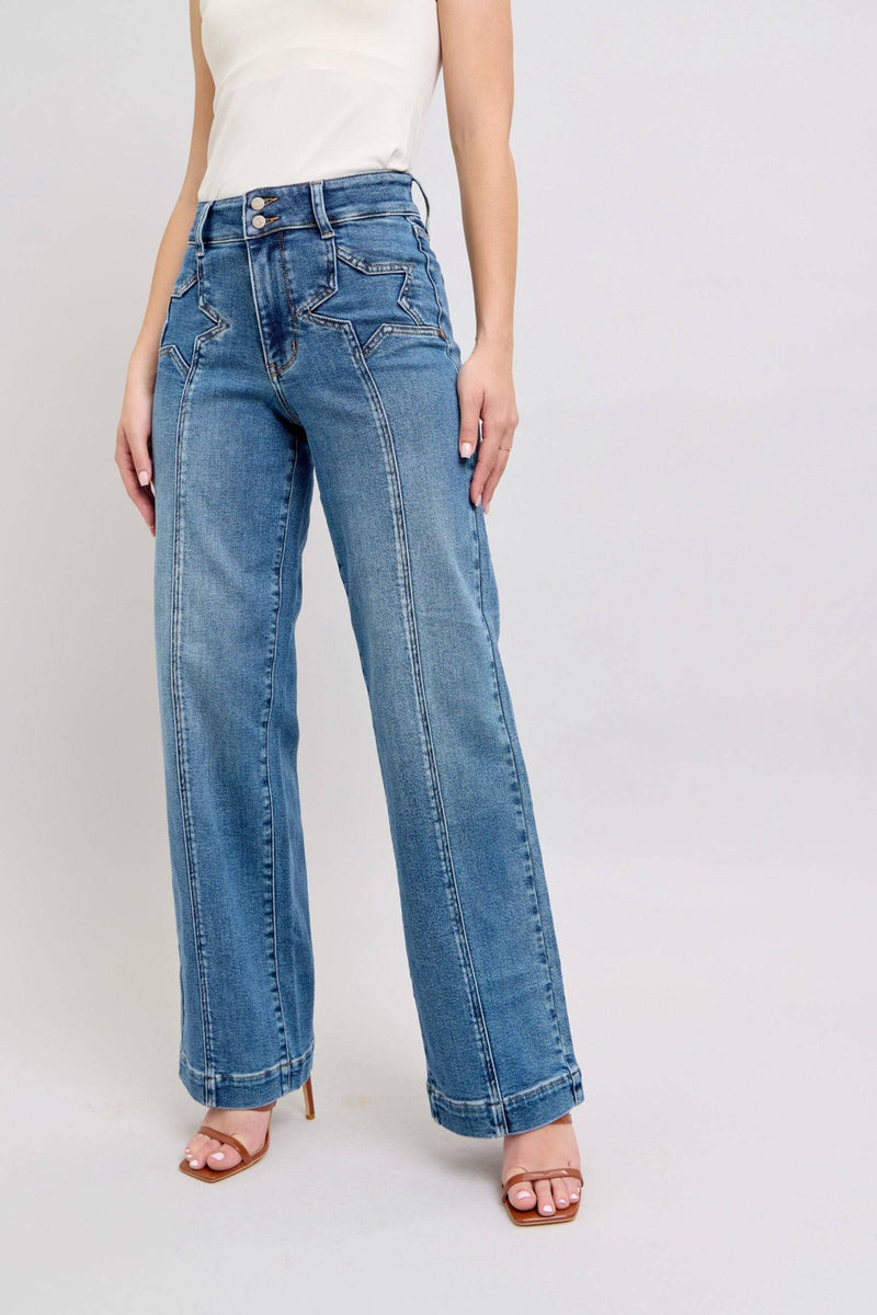 Judy Blue High Waist Star & Front Seam Detail Wide Leg Denim Jeans 88957