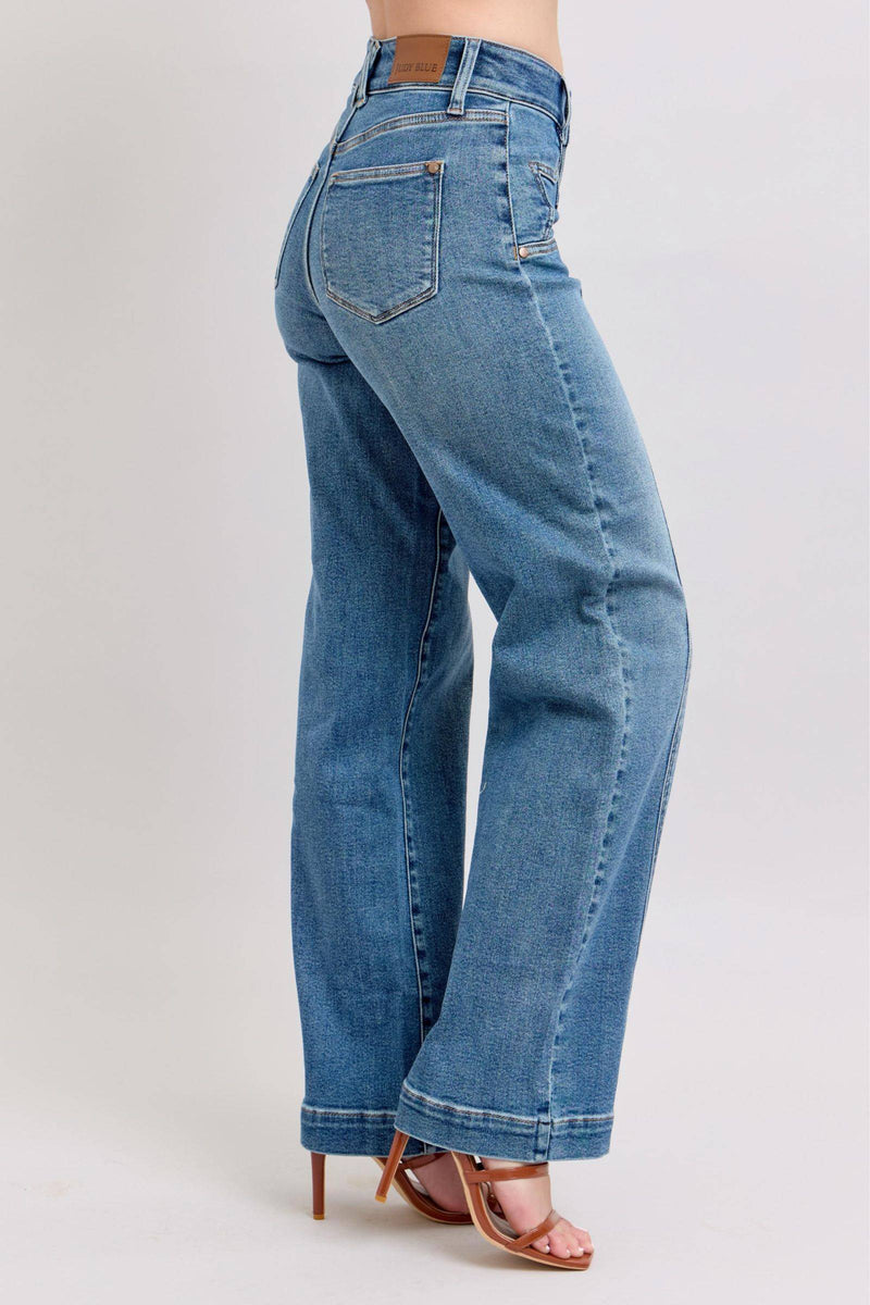 Judy Blue High Waist Star & Front Seam Detail Wide Leg Denim Jeans 88957