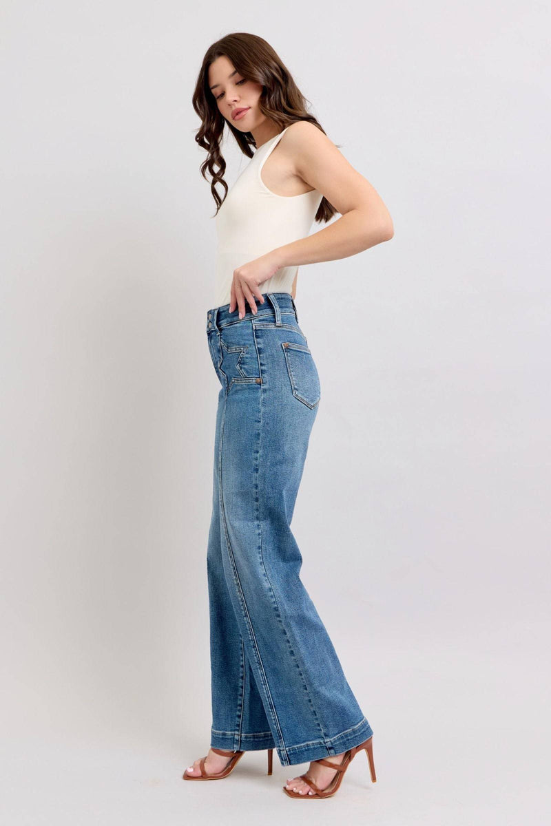 Judy Blue High Waist Star & Front Seam Detail Wide Leg Denim Jeans 88957
