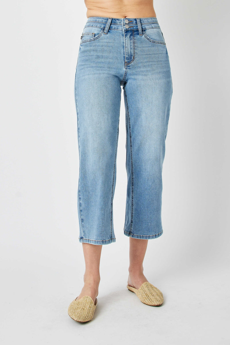 Judy Blue High Waist Double Button Waistband Wide Leg Crop Denim Jeans 88616