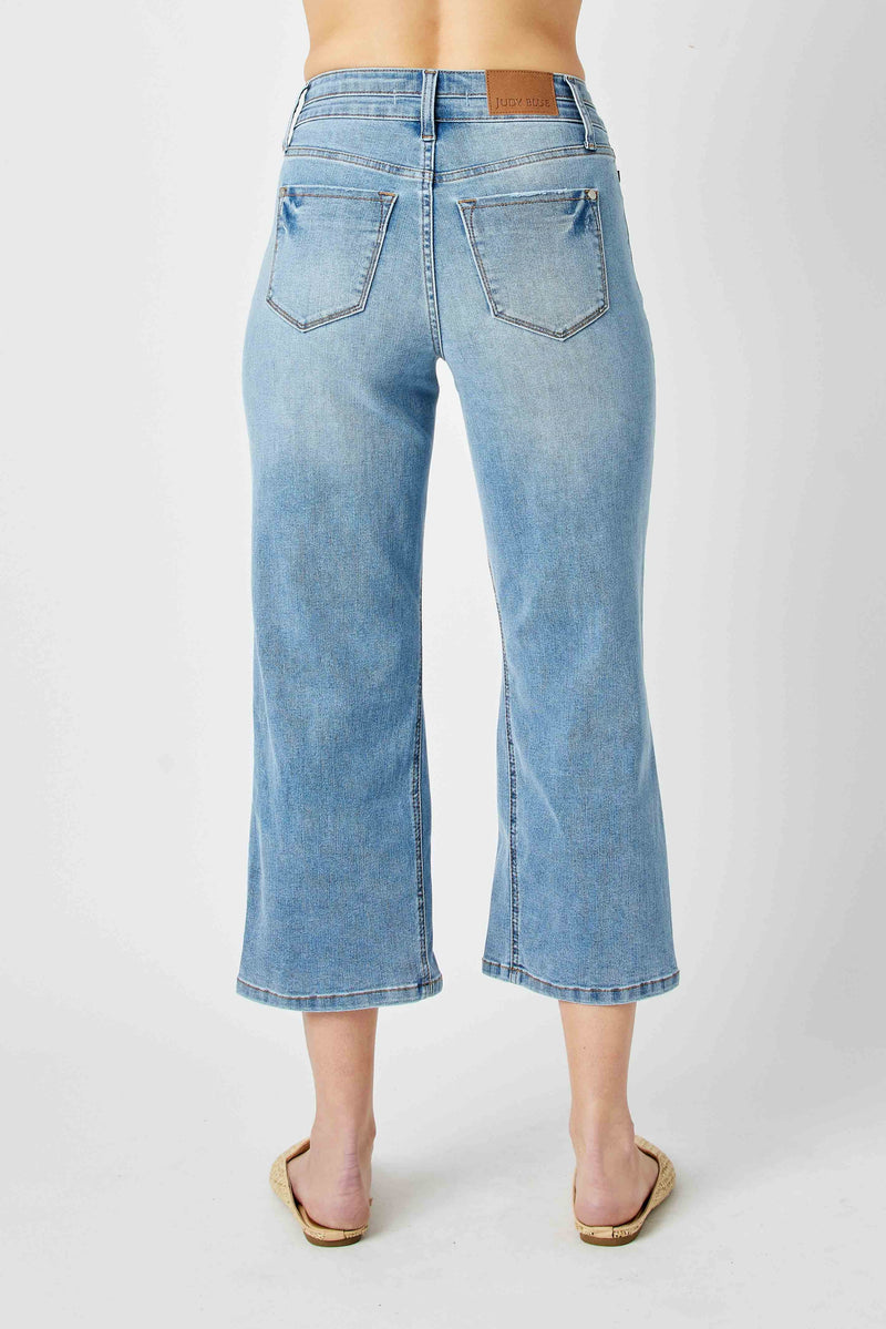 Judy Blue High Waist Double Button Waistband Wide Leg Crop Denim Jeans 88616