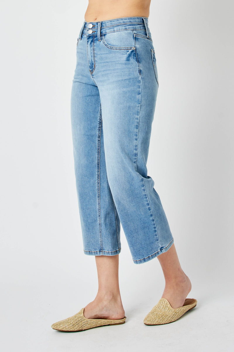 Judy Blue High Waist Double Button Waistband Wide Leg Crop Denim Jeans 88616