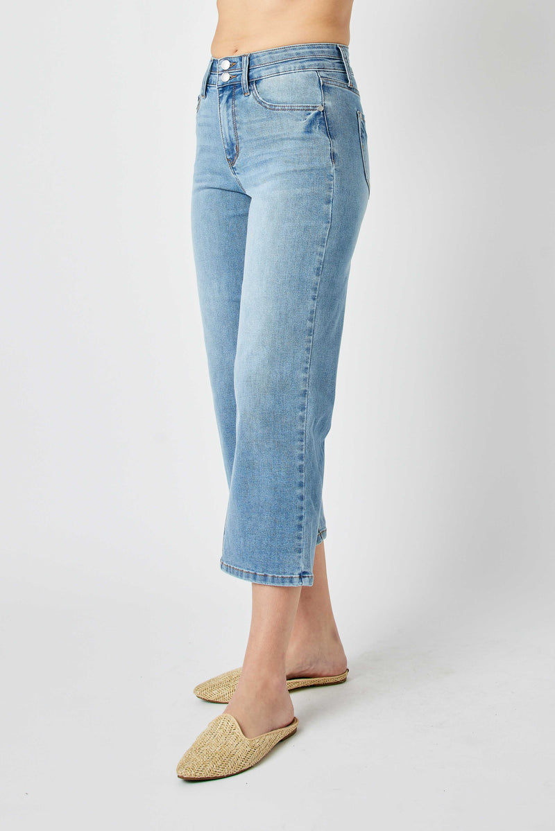 Judy Blue High Waist Double Button Waistband Wide Leg Crop Denim Jeans 88616