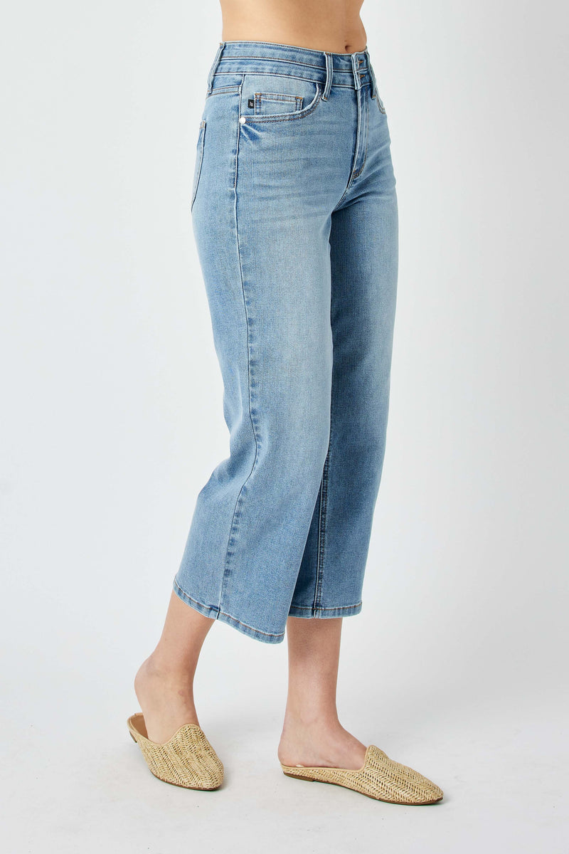 Judy Blue High Waist Double Button Waistband Wide Leg Crop Denim Jeans 88616