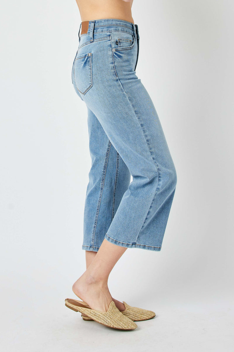 Judy Blue High Waist Double Button Waistband Wide Leg Crop Denim Jeans 88616