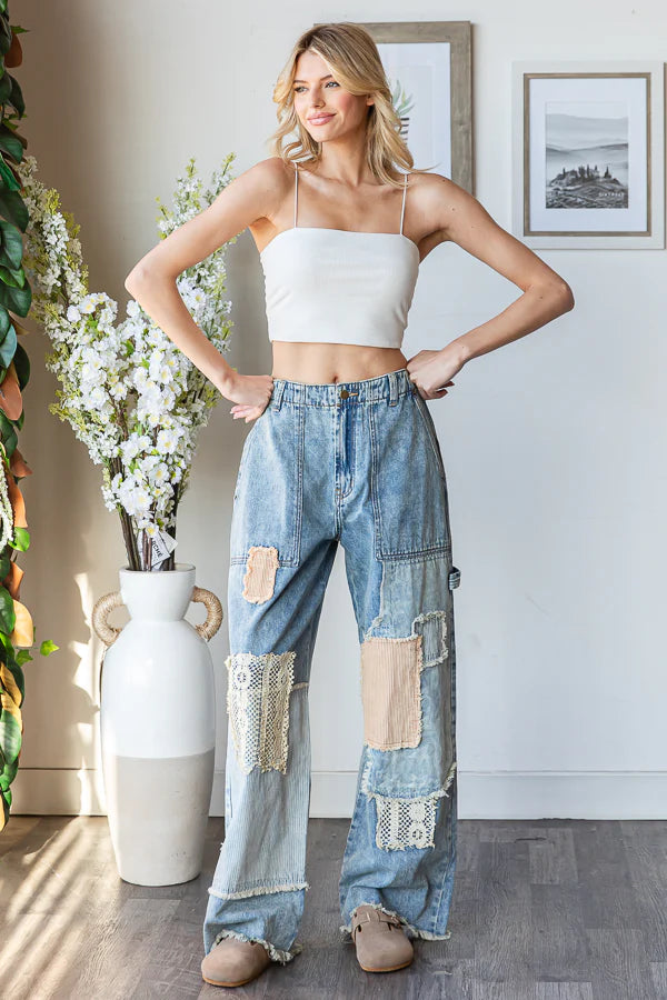 Washed Patchwork Frayed Hem Denim Jeans