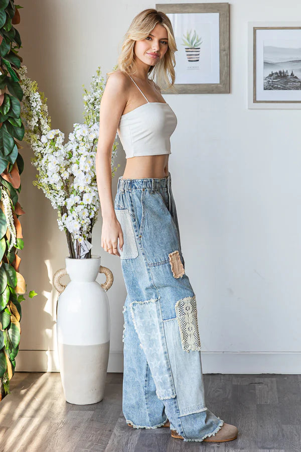 Washed Patchwork Frayed Hem Denim Jeans