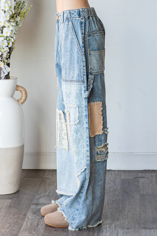 Washed Patchwork Frayed Hem Denim Jeans