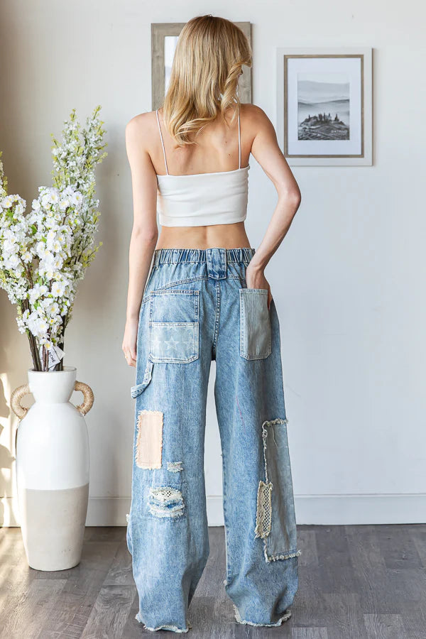 Washed Patchwork Frayed Hem Denim Jeans