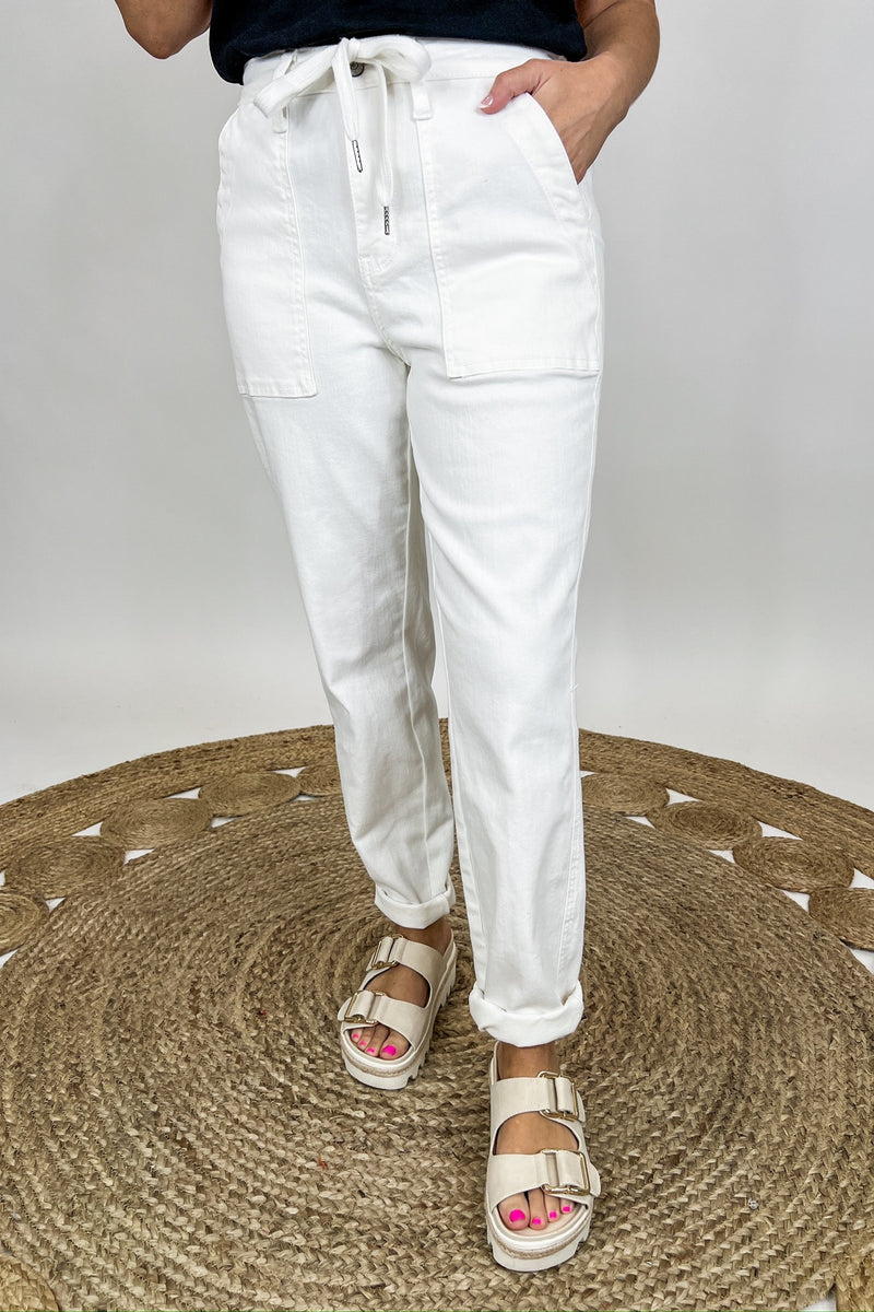 Judy Blue High Rise White Denim Cuffed Joggers