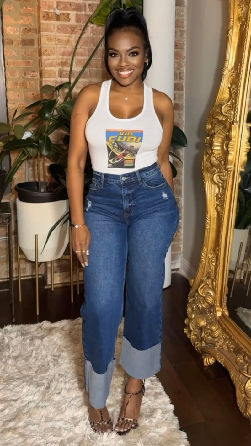 Large Cuff Wide Leg Jeans - Dark Denim